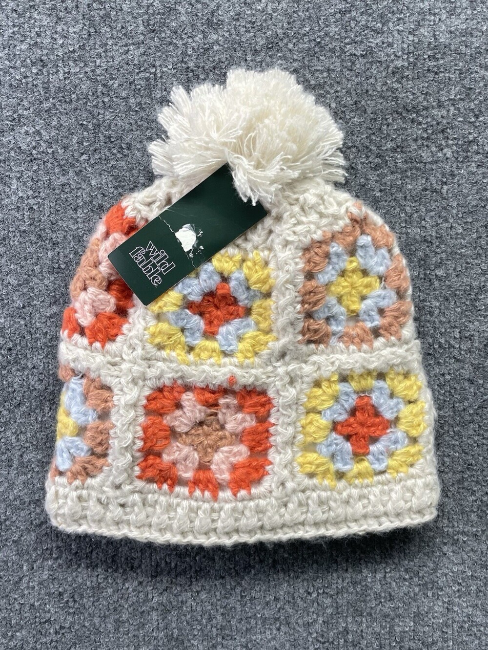 Wild Fable Beanie One Size NWT Crochet Granny Square Fleece Lined Pom Pom NOS